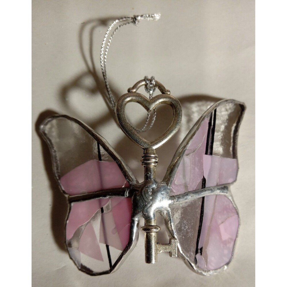 Butterfly Stained Glass Sun Catcher With Antique Style Skelton Key View 2